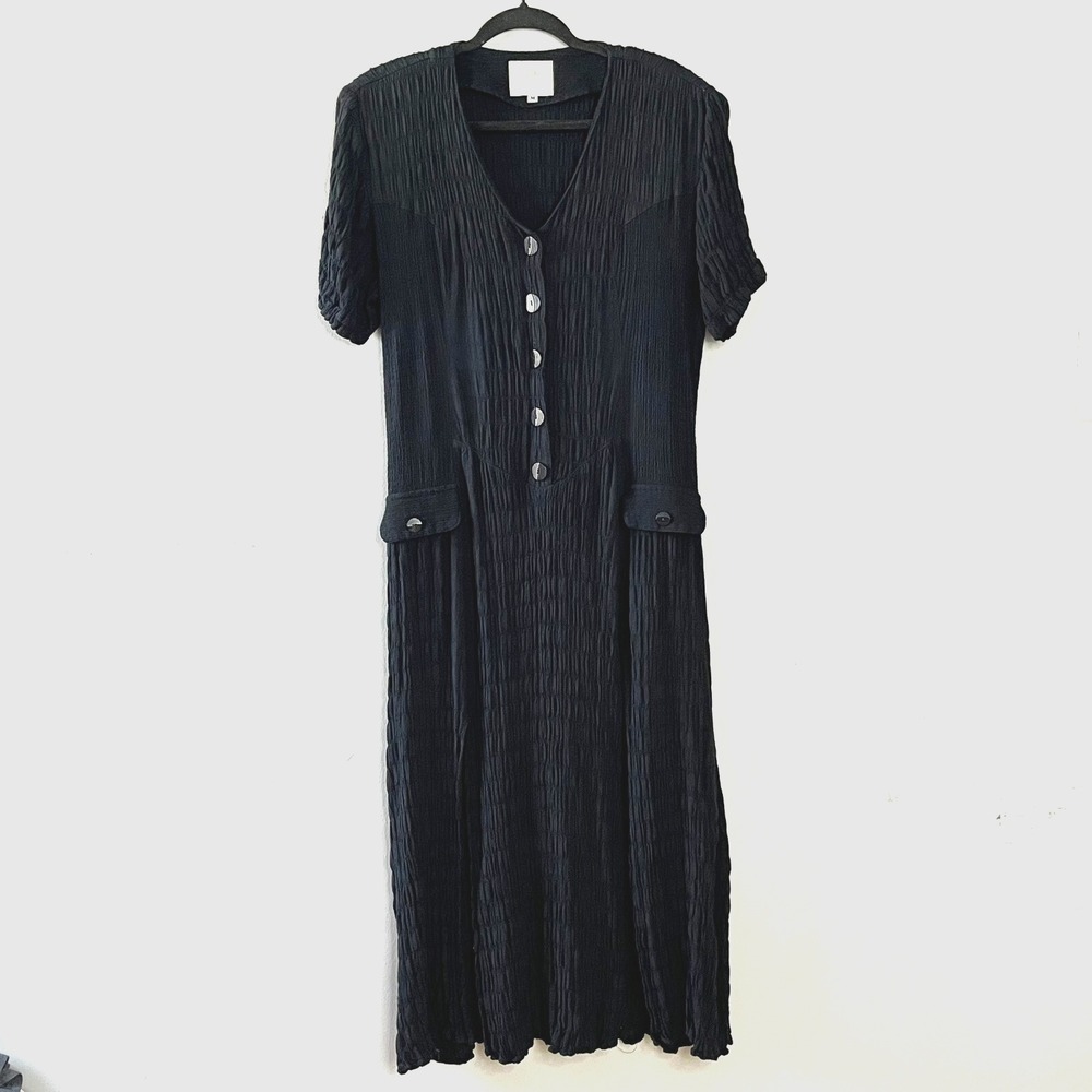 Vintage MZM Sport Crinkle Draped Maxi Dress Dark Academia Cottagecore Black M‎